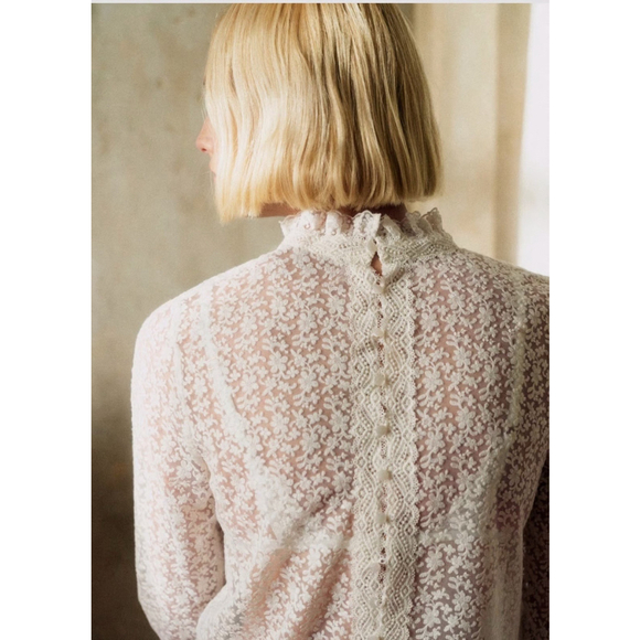 Sezane Amal Lace Sheer Mock Neck Blouse Size 38 Ecru Elegant Feminine Romantic - Picture 4 of 12